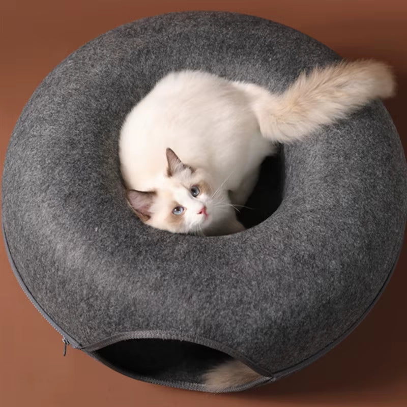 Donut Cat Tunnel Bed Pets House Natural Felt Pet Cat Cave Interactive Toys round Wool Felt Pet Bed Cat Training Toy Cat House