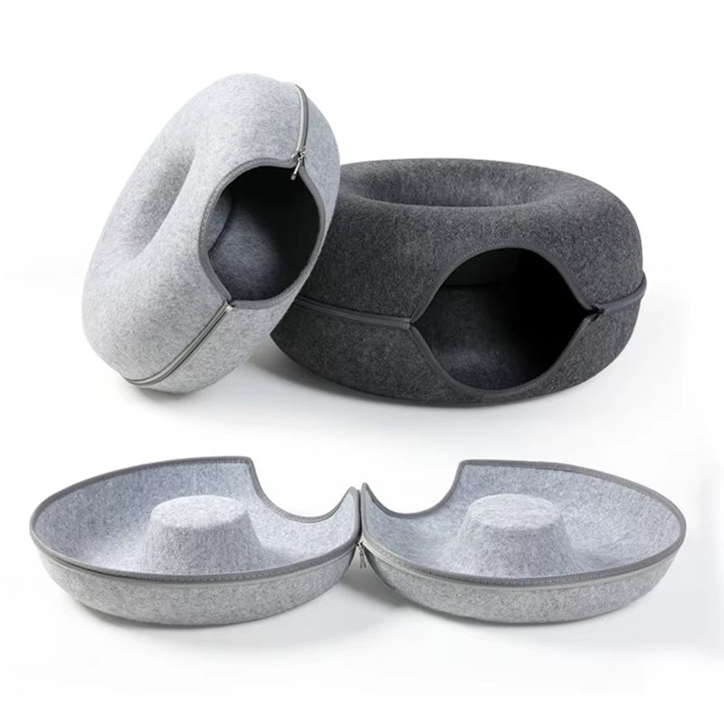 Donut Cat Tunnel Bed Pets House Natural Felt Pet Cat Cave Interactive Toys round Wool Felt Pet Bed Cat Training Toy Cat House